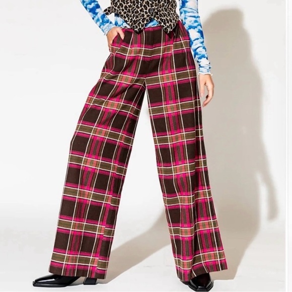 Dressed in LALA Plaid Wide-Leg Pants Pink and Brown - Picture 3 of 5